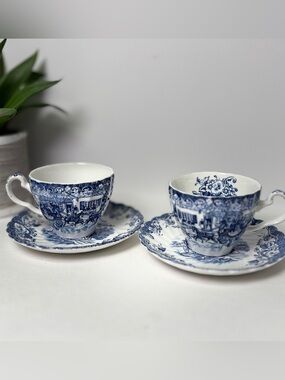 Vintage Johnson Brothers Coaching Scenes 4 Pc Tea Cup Saucer Set England Blue